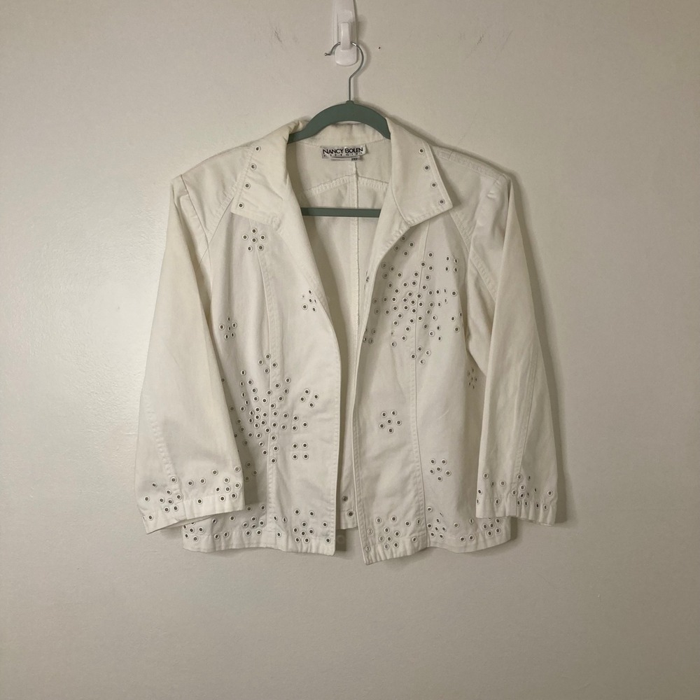 Nancy Bolen Grommet Jacket City Girl White Eyelet Denim Cotton 12 Coastal Boho